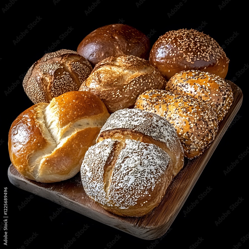 Assorted Artisan Breads: Crusty Loaves and Rolls on Wooden Board Assorted Artisan Breads: Crusty Loaves and Rolls on Wooden Board