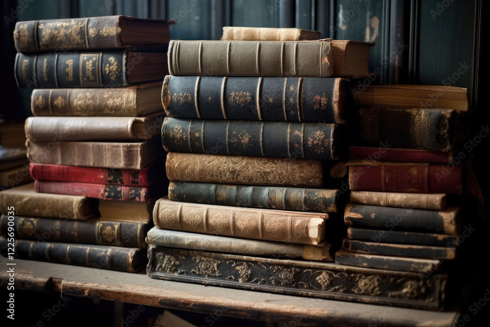 collection of antique books with various colors and designs, stacked in a wooden shelf.