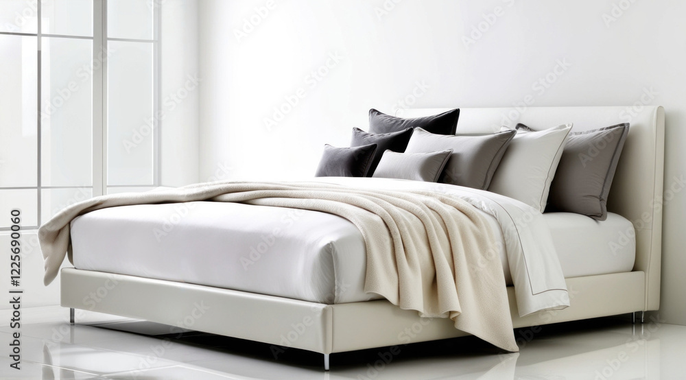 Modern minimalist bed with pillows and blanket in white bedroom