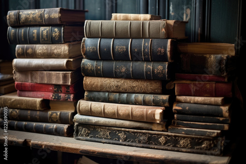 Obraz na płótnie collection of antique books with various colors and designs, stacked in a wooden shelf. w salonie