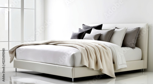 Obraz na płótnie Modern minimalist bed with pillows and blanket in white bedroom w salonie