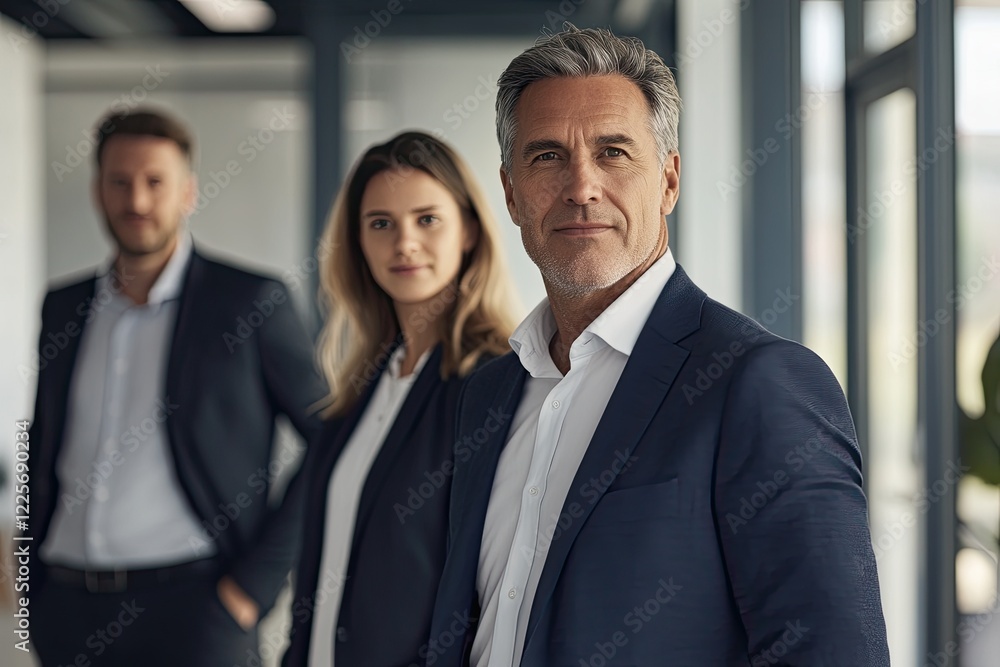 In the office, a cheerful senior businessman stands before his business team In the office, a cheerful senior businessman stands before his business team