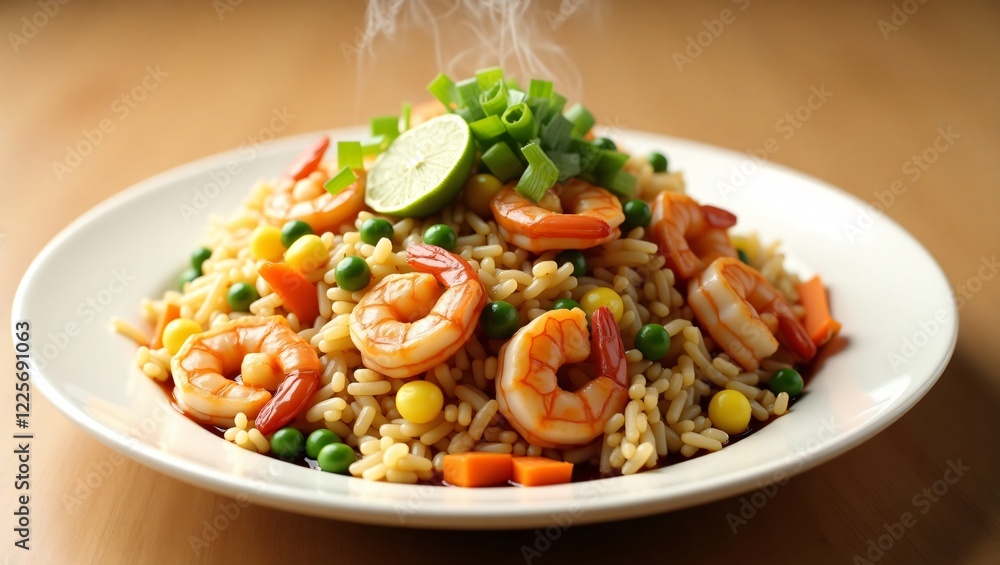 A steaming plate of shrimp fried rice, with golden grains, plump pink shrimp, and vibrant veggies, is garnished with green onions and lime, exuding warmth and rich, savory flavors. A steaming plate of shrimp fried rice, with golden grains, plump pink shrimp, and vibrant veggies, is garnished with green onions and lime, exuding warmth and rich, savory flavors.