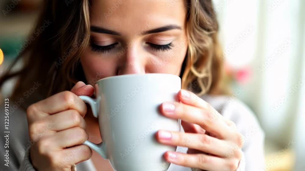 Woman sipping warm drink cozy indoor space cheerful moment inviting atmosphere intimate view embracing relaxation and comfort Woman sipping warm drink cozy indoor space cheerful moment inviting atmosphere intimate view embracing relaxation and comfort