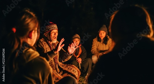 Elderly male storytelling to diverse group around campfire at night