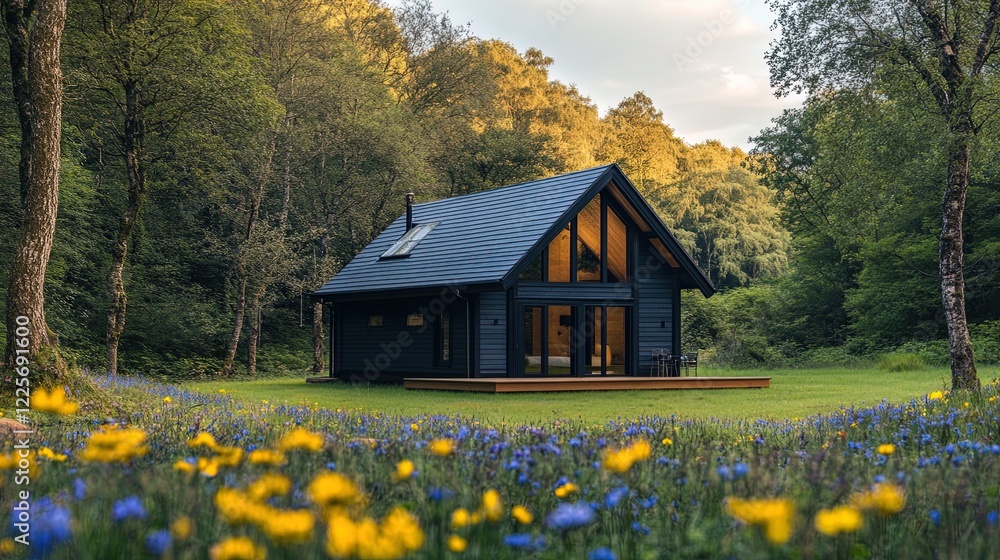 A small cabin in the woods surrounded by trees and wildflowers, promoting eco-tourism and nature retreats A small cabin in the woods surrounded by trees and wildflowers, promoting eco-tourism and nature retreats