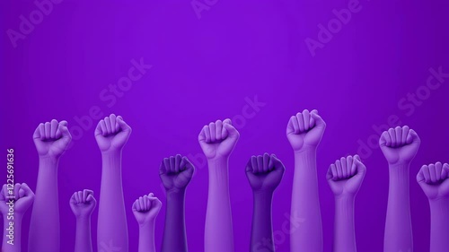 Fists raised on a purple background symbolizing the feminist movement and women's emancipation. International Women's Day Concept