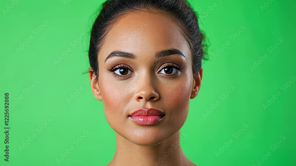 Portrait of a Woman Against Vibrant Green Screen Background Highlighting Makeup and Facial Features in a Studio Setting for Creative Design Projects Portrait of a Woman Against Vibrant Green Screen Background Highlighting Makeup and Facial Features in a Studio Setting for Creative Design Projects