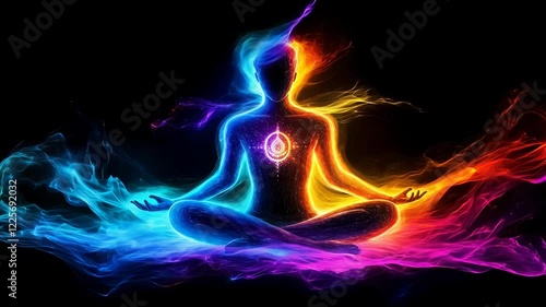 Vibrant energy flows around a meditating figure, radiating light and color in a dark background.  Intricate details and a sense of serenity