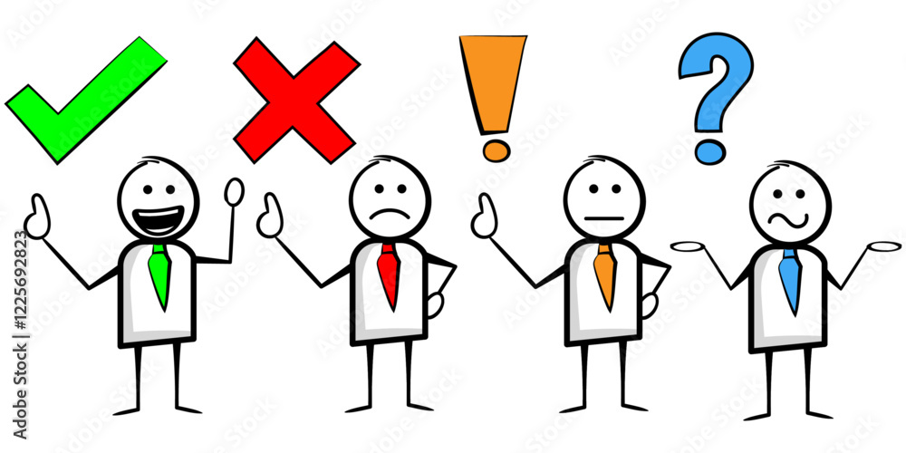 Naklejka premium Stickman character review symbols, positive, negative or question mark analysis