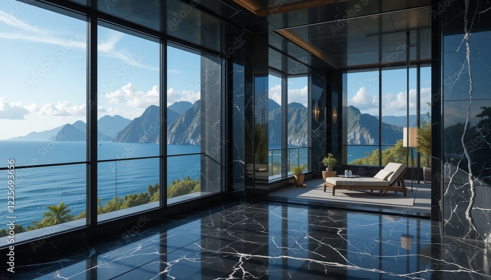 Luxury Modern Ocean View Room Interior Design Black Marble Floor Spacious Relaxing Chaise Lounge Panoramic Windows Stunning Luxury Modern Ocean View Room Interior Design Black Marble Floor Spacious Relaxing Chaise Lounge Panoramic Windows Stunning