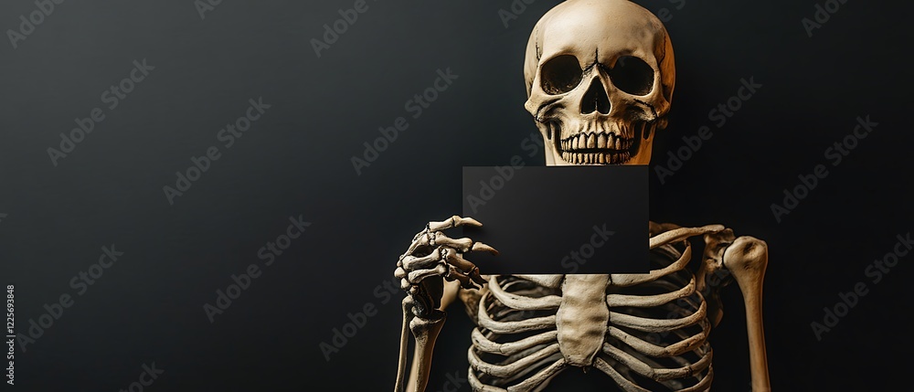 A skeleton holding a void black card in front of a black background, great for a Halloween card concept. A skeleton holding a void black card in front of a black background, great for a Halloween card concept.