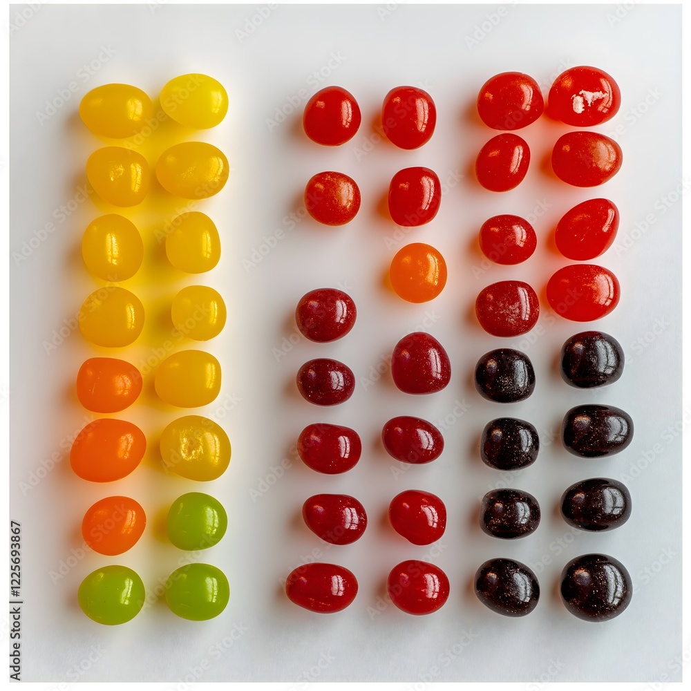 Colorful Gummy Candy Arrangement: A vibrant and appetizing flat lay showcasing an assortment of colorful gummy candies arranged in neat rows, creating a visually appealing pattern. Colorful Gummy Candy Arrangement: A vibrant and appetizing flat lay showcasing an assortment of colorful gummy candies arranged in neat rows, creating a visually appealing pattern.
