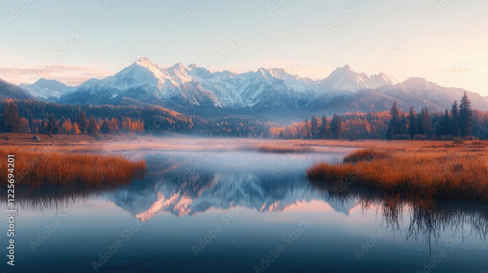 Fototapeta premium Serene autumn sunrise over misty lake reflecting snow-capped mountains