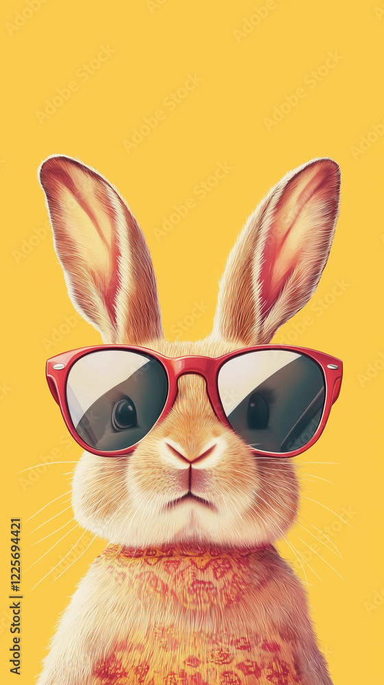Funny cute rabbit, easter bunny wearing trendy sunglasses. Pastel yellow background. Beautiful design for easter greeting card, invitation card. Copy space available. Easter theme. Funny cute rabbit, easter bunny wearing trendy sunglasses. Pastel yellow background. Beautiful design for easter greeting card, invitation card. Copy space available. Easter theme.