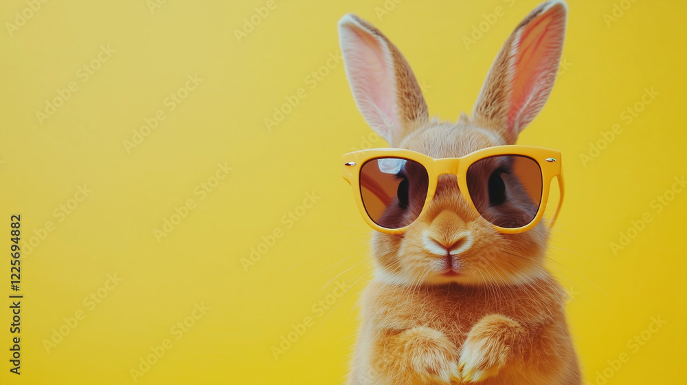 Funny cute rabbit, easter bunny wearing trendy sunglasses. Pastel yellow background. Beautiful design for easter greeting card, invitation card. Copy space available. Easter theme. Funny cute rabbit, easter bunny wearing trendy sunglasses. Pastel yellow background. Beautiful design for easter greeting card, invitation card. Copy space available. Easter theme.