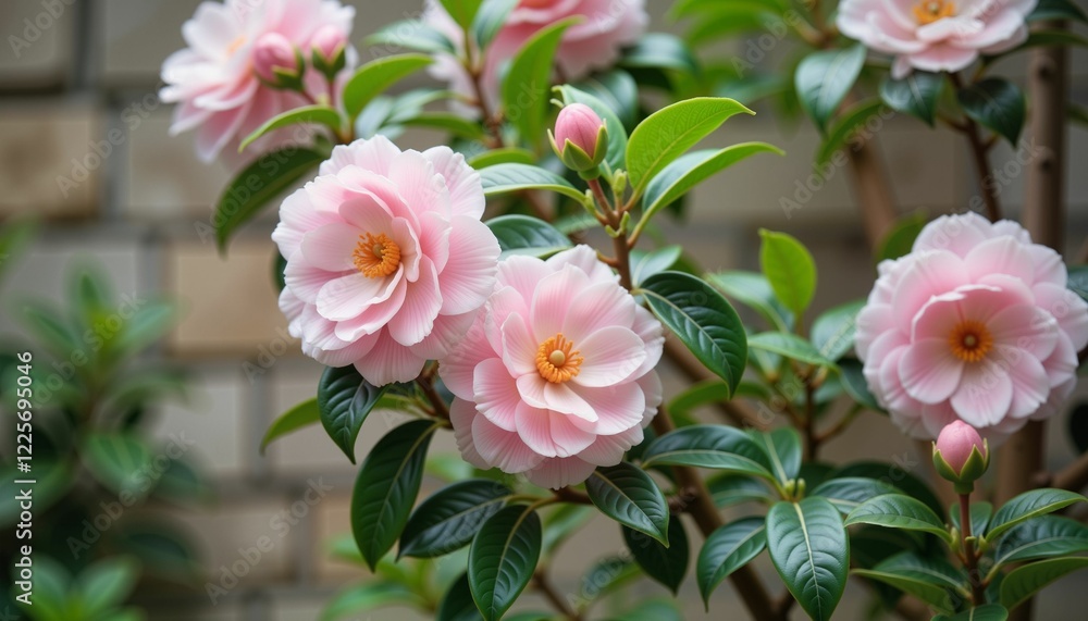 Fototapeta premium Pastel pink camellias blooming in serene courtyard, nature's beauty