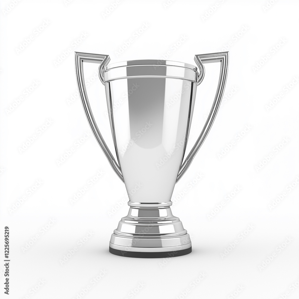Shiny silver trophy cup with curved handles on a white background, award concept for achievement, competition, championship, and success in sports or business Shiny silver trophy cup with curved handles on a white background, award concept for achievement, competition, championship, and success in sports or business