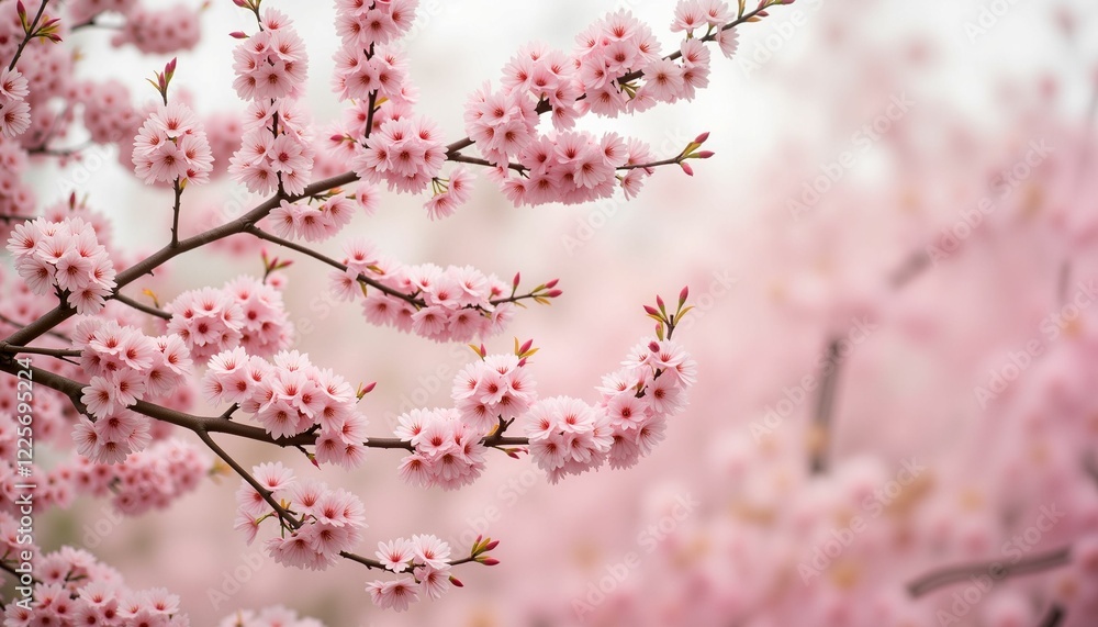 Smoked cherry blossoms in early morning mist, serene beauty Smoked cherry blossoms in early morning mist, serene beauty