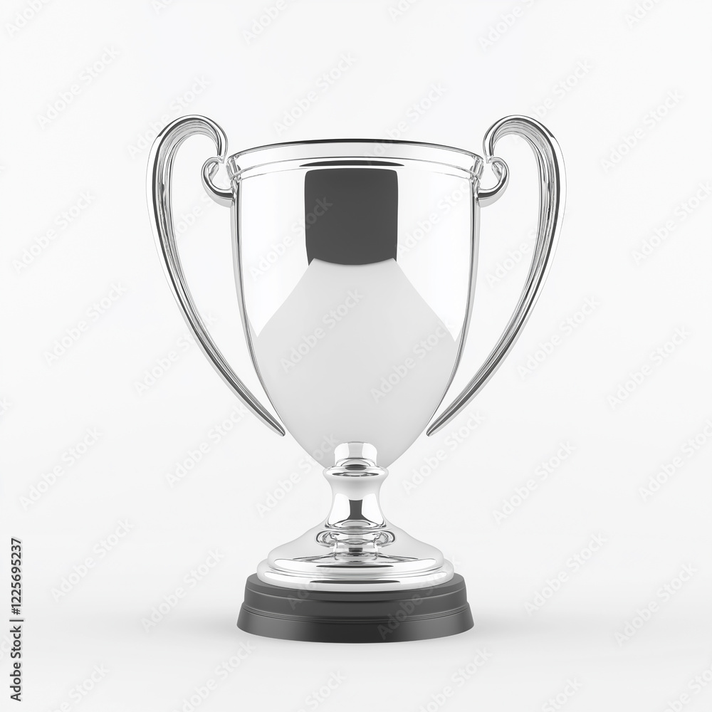 Shiny silver trophy cup with curved handles on a white background, award concept for achievement, competition, championship, and success in sports or business Shiny silver trophy cup with curved handles on a white background, award concept for achievement, competition, championship, and success in sports or business