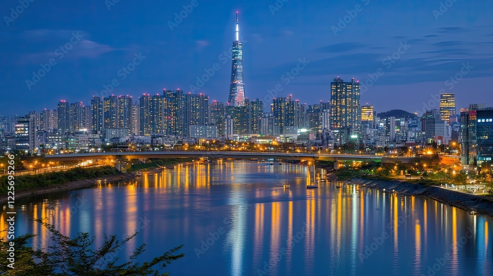 Obraz premium Night Cityscape Reflecting in Calm Waters