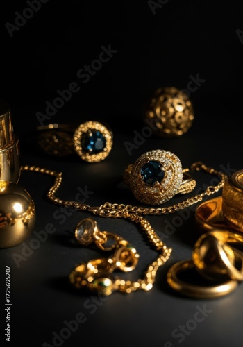 Elegant gold jewelry with sapphire and diamond accents on dark background