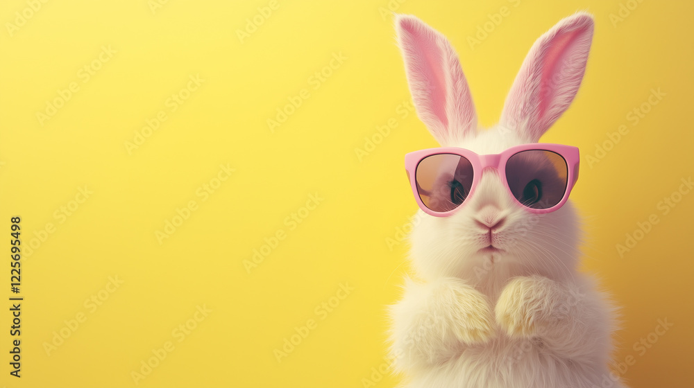 Fototapeta premium Funny cute rabbit, easter bunny wearing trendy sunglasses. Pastel yellow background. Beautiful design for easter greeting card, invitation card. Copy space available. Easter theme.
