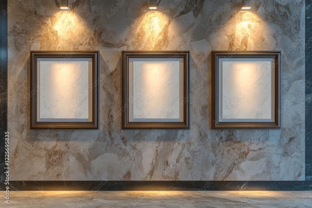 A boutique hotel lobby with four wall frame mockups arranged symmetrically on a marble-textured wall. The lighting design includes subtle spotlights for each frame, adding elegance. A boutique hotel lobby with four wall frame mockups arranged symmetrically on a marble-textured wall. The lighting design includes subtle spotlights for each frame, adding elegance.