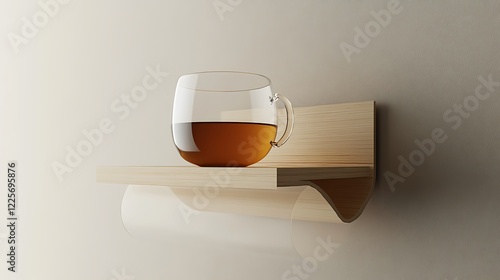 A modern floating bookstand design holding a translucent cup photo