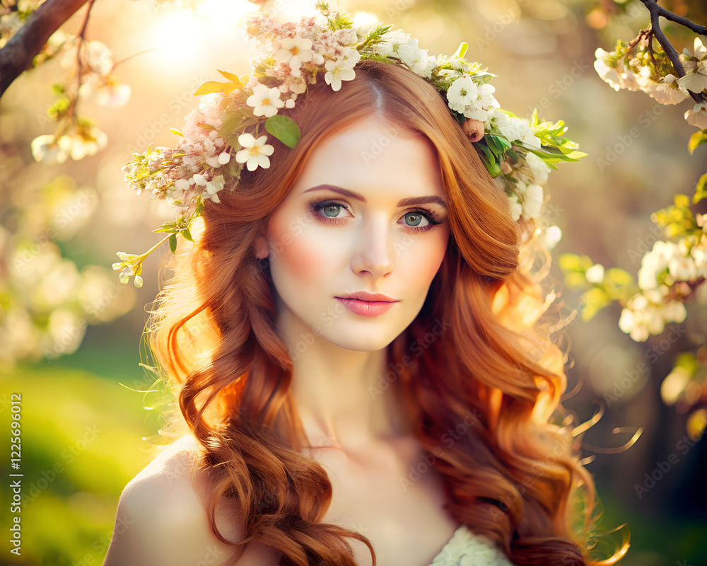 portrait of a beautiful redhead woman with soft spring light and flowers portrait of a beautiful redhead woman with soft spring light and flowers