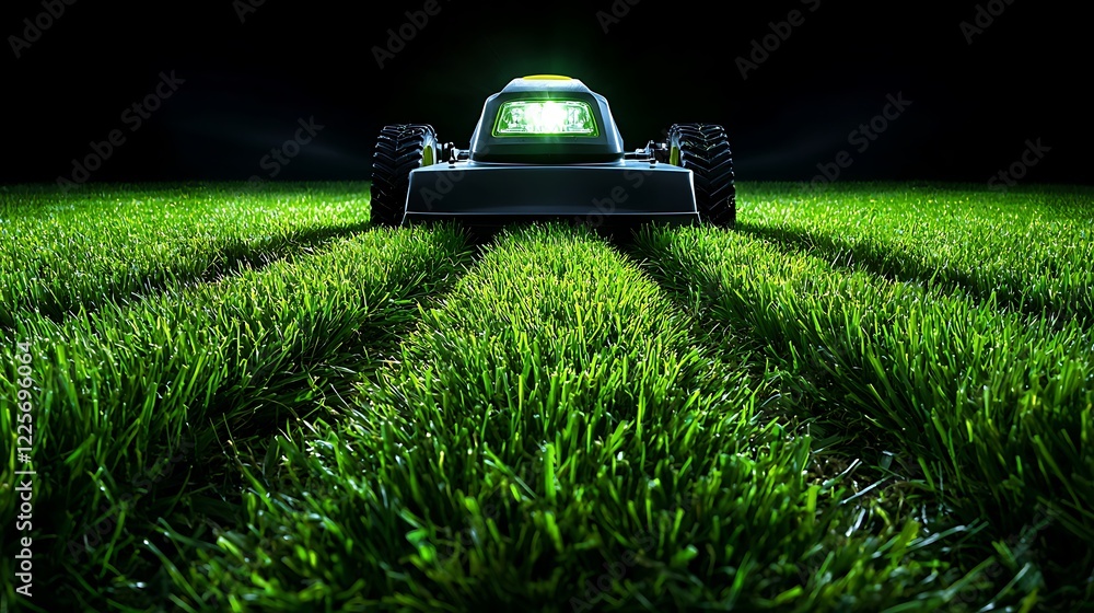 Robotic mower cutting grass at night Robotic mower cutting grass at night