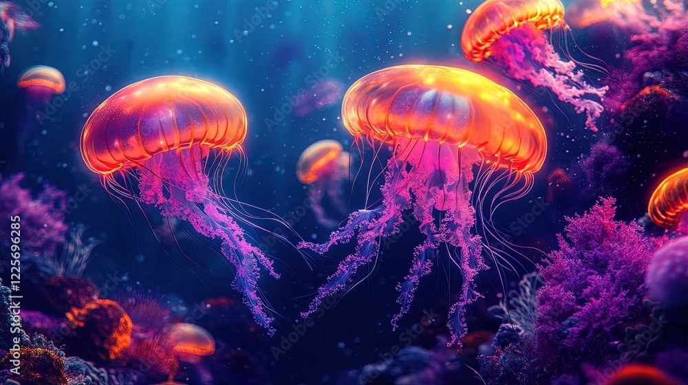 A vivid underwater scene with glowing jellyfish and neon fish swimming gracefully, vibrant colors illuminating the deep sea A vivid underwater scene with glowing jellyfish and neon fish swimming gracefully, vibrant colors illuminating the deep sea