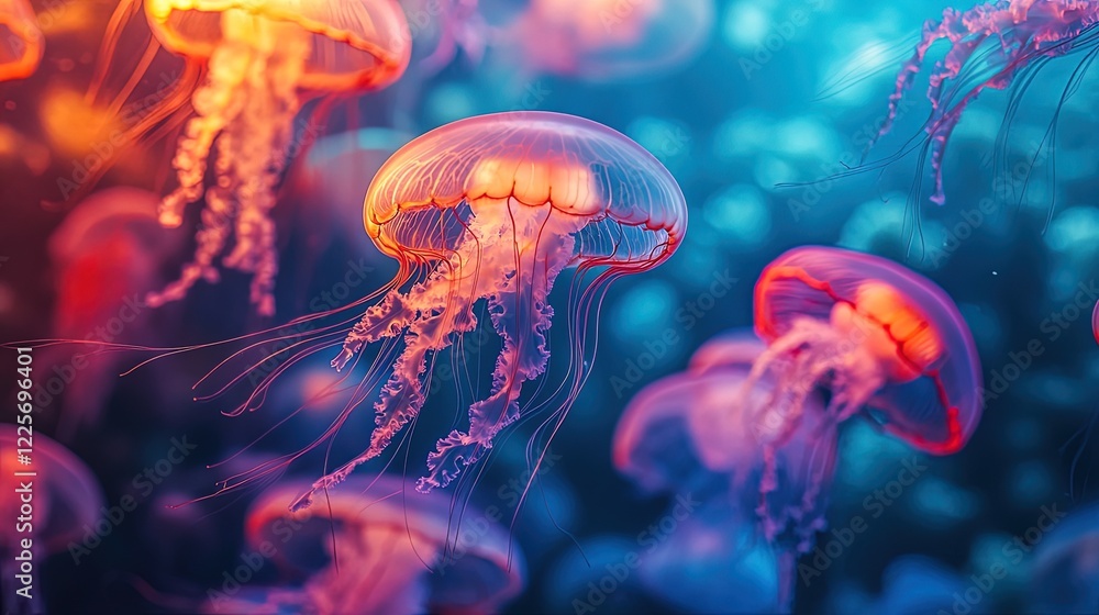A vivid underwater scene with glowing jellyfish and neon fish swimming gracefully, vibrant colors illuminating the deep sea A vivid underwater scene with glowing jellyfish and neon fish swimming gracefully, vibrant colors illuminating the deep sea