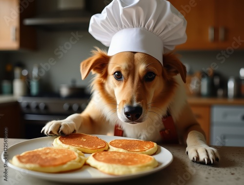 Adorable dog wearing chef's hat and apron, preparing pancakes in kitchen photo