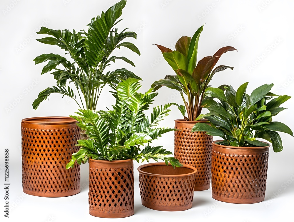 Obraz premium Elegant Brown Woven Planters with Tropical Plants
