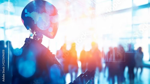 Futuristic artificial intelligence robot with digital interface in a modern building with large windows and people passing by. Concept technological advances