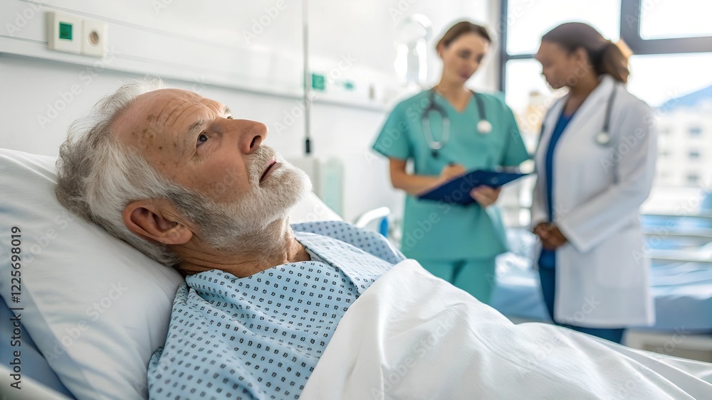 Fototapeta premium Elderly man suffers heart attack in hospital, medical assistance is provided
