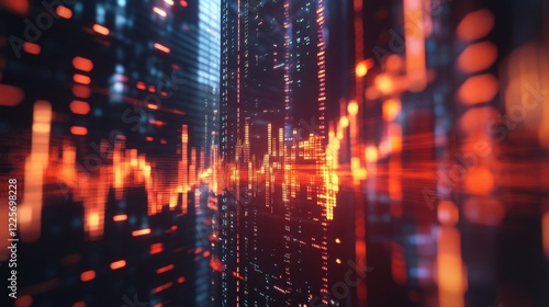 Wallpaper Mural Holographic data streams cascade from the central chart merging dynamically with the citys skyline reflecting the pulse of economic activity as day breaks. Torontodigital.ca