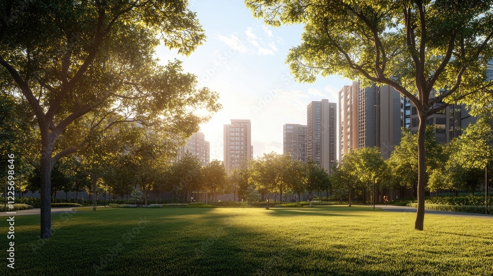 Obraz premium Lush Green Park with Tall Buildings in the Background