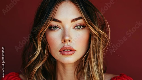 Wallpaper Mural close up woman face portrait with calm and optimistic vibes, fashion portrait pretty Caucasian woman red dress  Torontodigital.ca