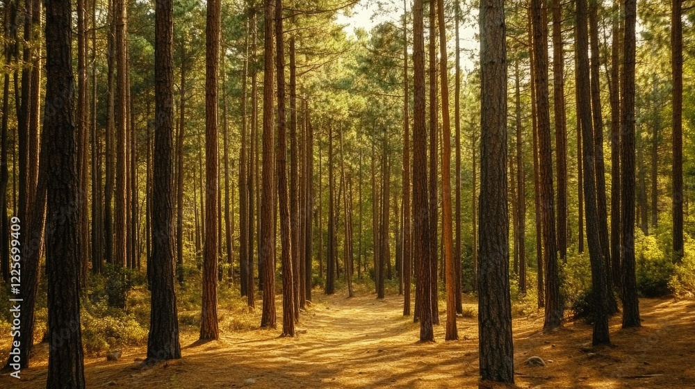 Fototapeta premium Sunlit Path Through a Dense Pine Forest