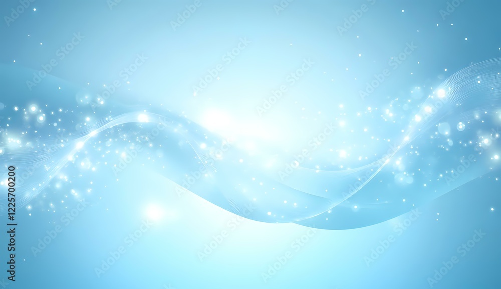 Soft flowing waves of light with sparkling particles on light blue background create ethereal atmosphere for spiritual and wellness designs. Soft flowing waves of light with sparkling particles on light blue background create ethereal atmosphere for spiritual and wellness designs.