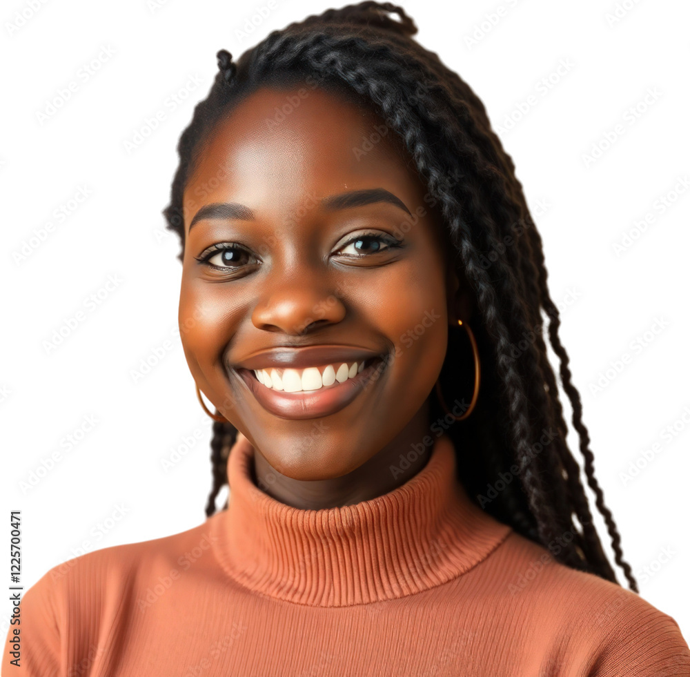 Happy young black African American woman isolated on transparent background