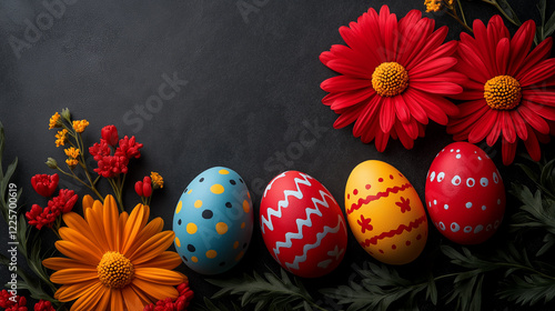 Assorted colorful painted Easter eggs with floral patterns and a vibrant red daisy on a dark textured background, festive holiday decoration concept photo