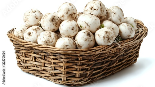 Fresh white champignon mushrooms arranged in rustic woven basket on white background, raw organic produce isolated for food photography and design.