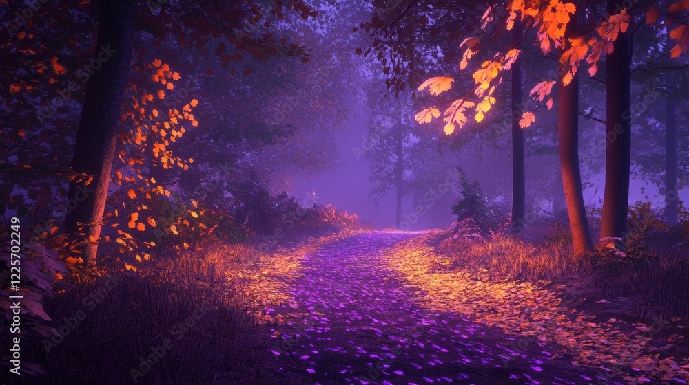 Fototapeta premium A forest illuminated by a mystical purple light. Leaves in warm orange tones are scattered along the path
