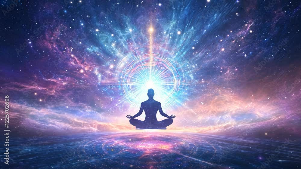 Silhouette of a person meditating amidst a vibrant cosmic background of ...