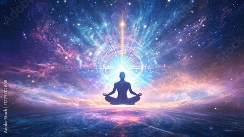 Silhouette of a person meditating amidst a vibrant cosmic background of blues, pinks, and purples.  Bright light emanates from a glowing orb above