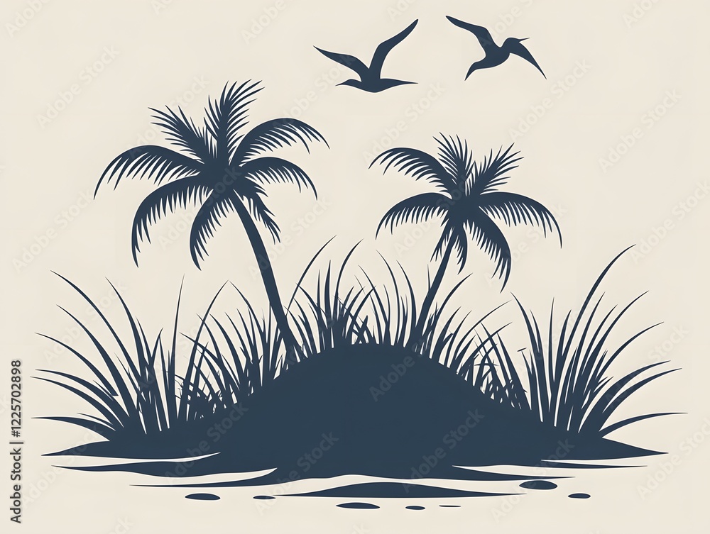Fototapeta premium Tropical Island Silhouette: Palm Trees, Birds, and Grassy Shore