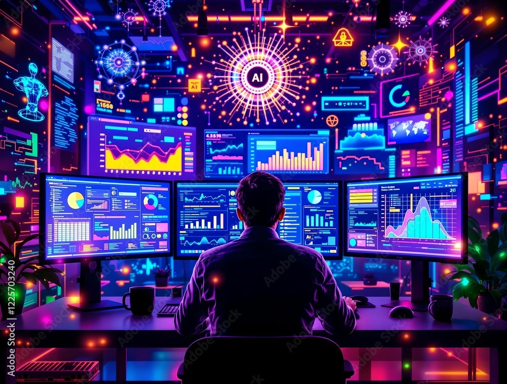 A technology expert working in an AI-powered environment, analyzing dynamic data and futuristic digital visualizations.